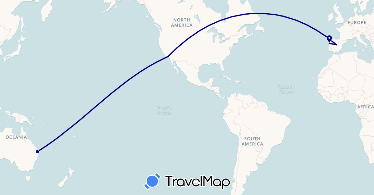 TravelMap itinerary: driving in Australia, Spain, Portugal, United States (Europe, North America, Oceania)